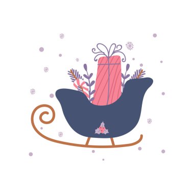 Ağaç dalları süslemeli Noel kızakları ve beyaz arka planda izole edilmiş bir hediye. Noel dekorasyon kartı.