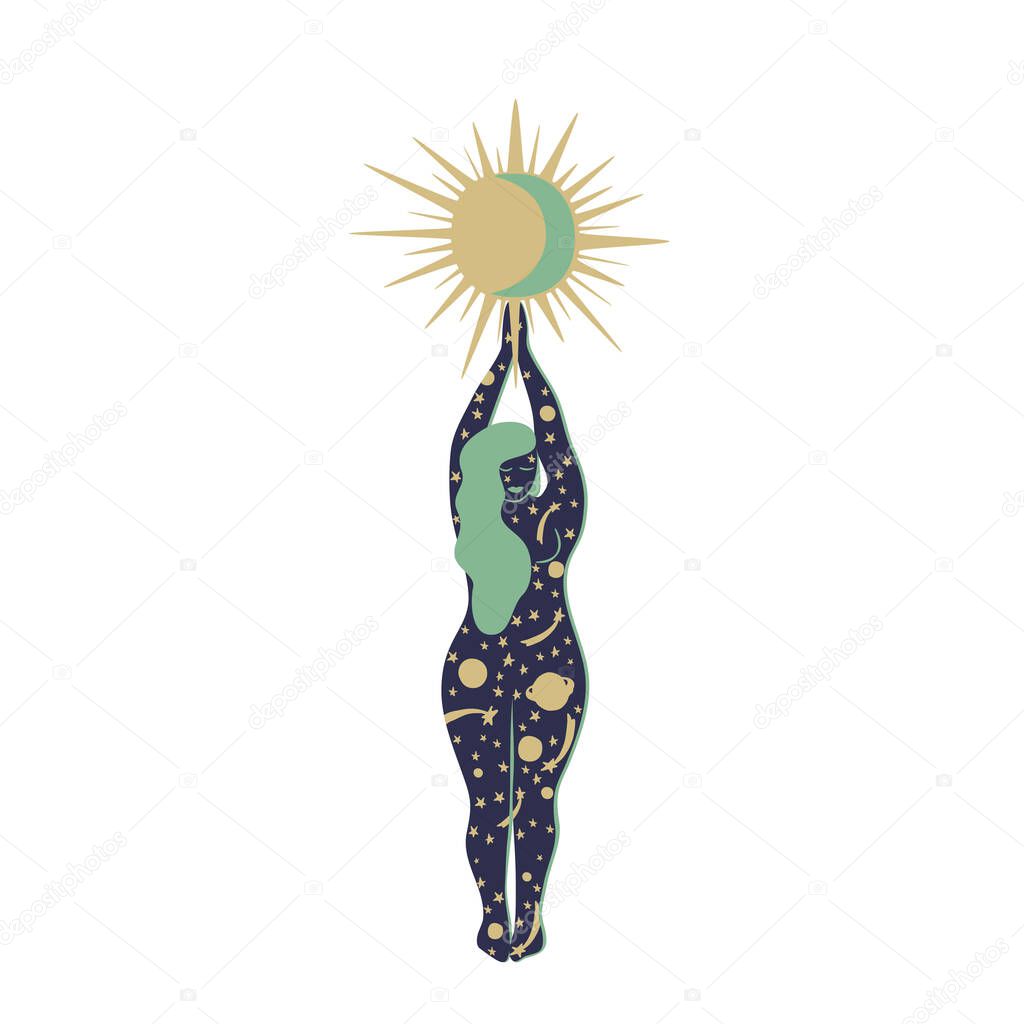 Solstice celebration illustration with blue woman holding sun and moon and colored stars and planets.