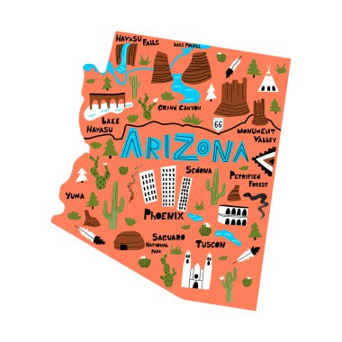 Arizona düz elle çizilmiş vektör çizimi. Amerikan devlet haritası terracotta arka planında izole edildi.