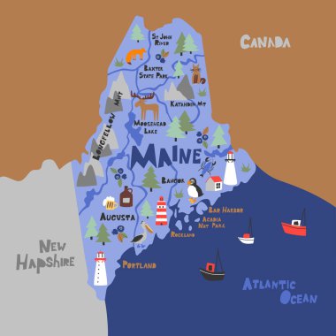 Maine Infographic düz elle çizilmiş vektör çizimi. Amerikan devlet haritası.