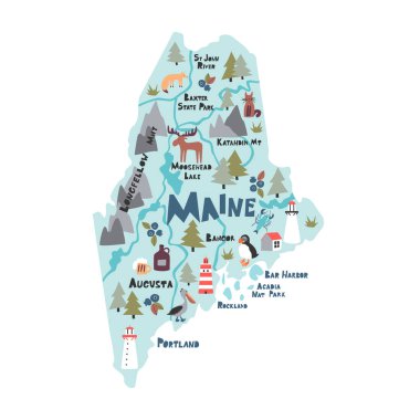 Maine Infographic düz elle çizilmiş vektör çizimi. Amerikan devlet haritası.