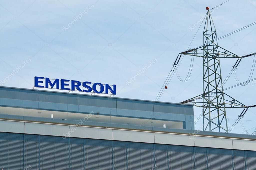 Baar, Zug, Switzerland - 28th March 2021 : Emerson Electric Co. company sign in Baar, Switzerland. Emerson is an American multinational corporation manufacturer and provides engineering services