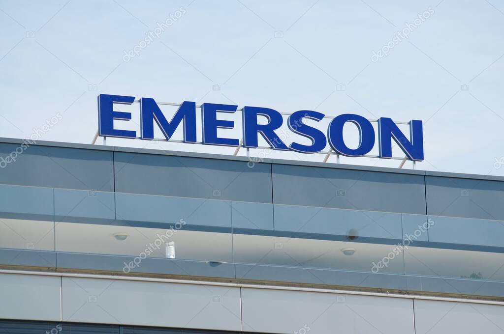 Baar, Zug, Switzerland - 28th March 2021 : Emerson Electric Co. company sign in Baar, Switzerland. Emerson is an American multinational corporation manufacturer and provides engineering services