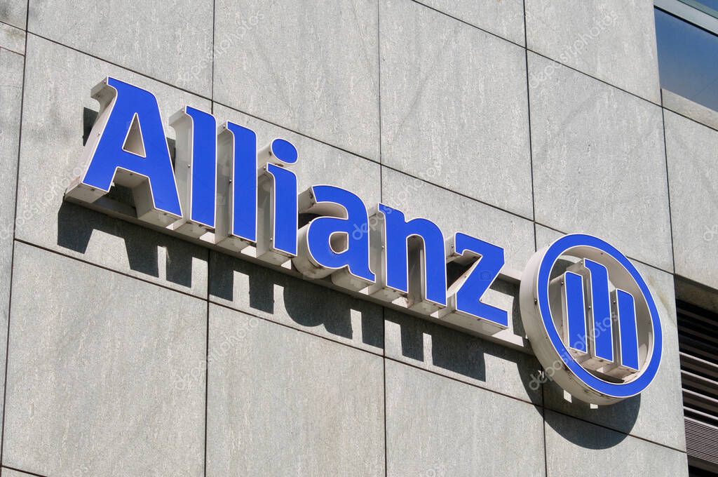 Lugano, Switzerland - 30th March 2021 : Allianz company sign hanging on building in Lugano. Allianz is a German multinational financial services company and the largest insurance company in the world