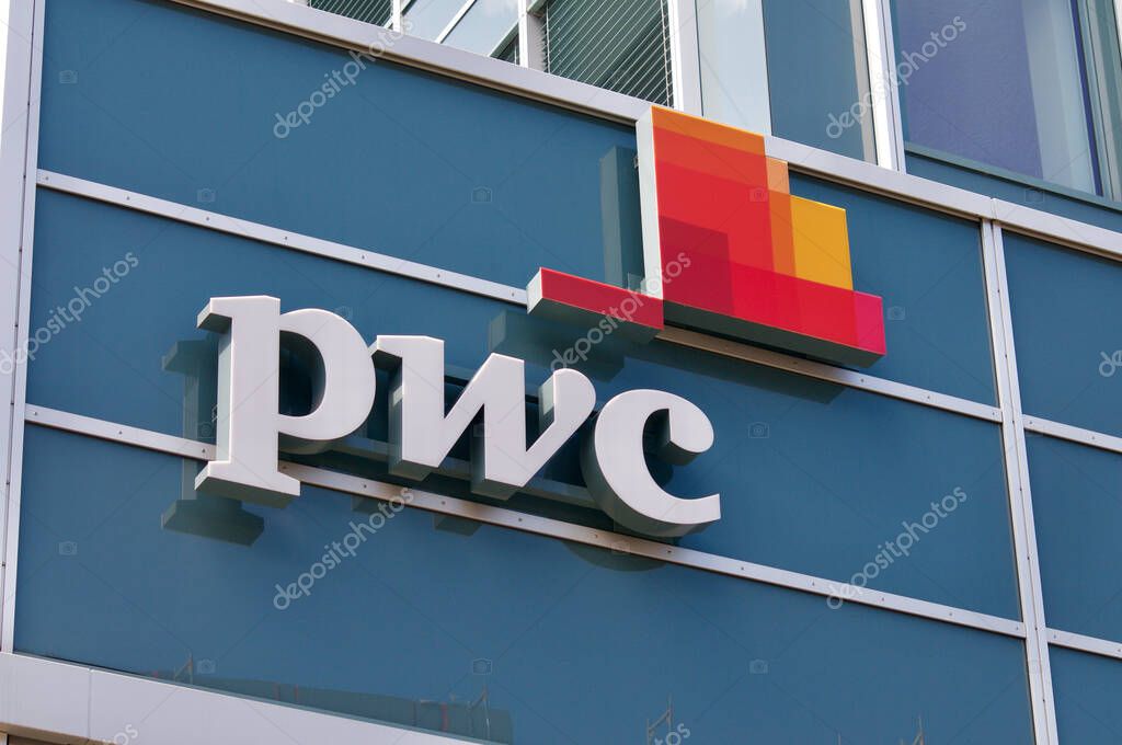 St. Gallen, Switzerland - 14th April 2021 :PWC sign in Switzerland. PricewaterhouseCoopers is a multinational professional services network of firms, operating as partnerships under the PwC brand