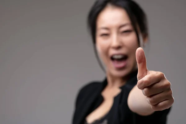 Excited Happy Asian Woman Giving Thumbs Gesture Approval Excellence Success — Stock Photo, Image