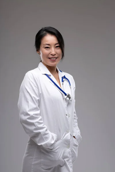 Cheerful Smiling Woman Doctor White Lab Coat Stethoscope Standing Hands — Stock Photo, Image