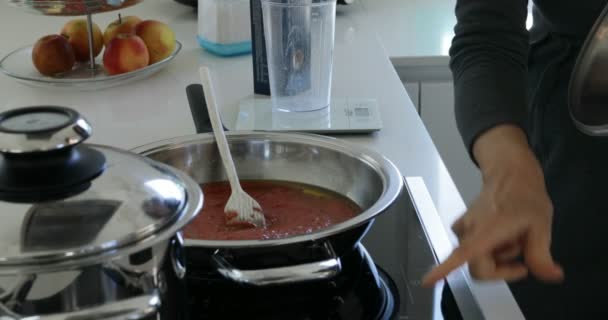 Händer från en kvinna som kokar tomatsås som heter SUGO — Stockvideo