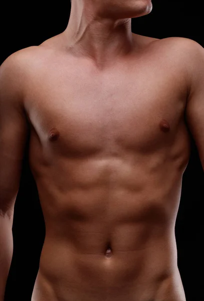 Ung Man Med Atletisk Tonad Kropp Poserar Naken Närbild Bål — Stockfoto