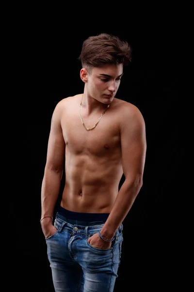 Good Looking Sexy Athletic Young Man Bare Chest Standing Looking — Stock Photo, Image