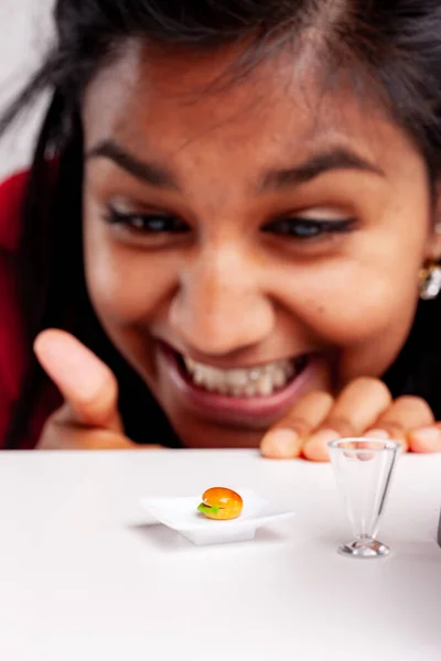 Gleeful Young Woman Giving Thumbs Hamburger Fun Concept Using Miniature — Photo