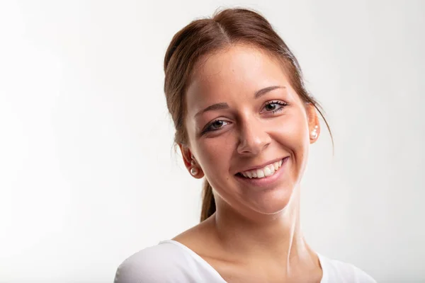 Pretty Young Woman Her Hair Ponytail Sweet Genuine Smile Looking — Stok fotoğraf