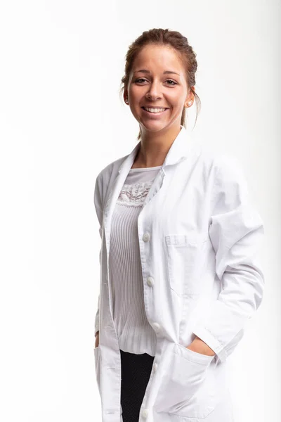 Smiling Confident Relaxed Young Woman Doctor Nurse Technician White Lab — Stock fotografie