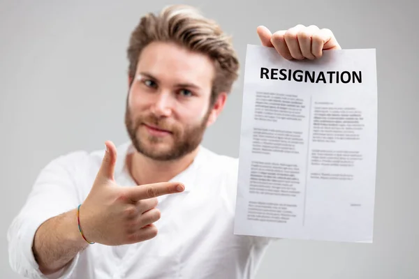 Portrait Young Man Happy Employee Smiling While Showing Formal Resignation — Foto de Stock