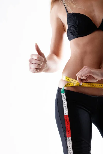 Slender Young Woman Measuring Her Hips Giving Thumbs Approval Weight — Stock Photo, Image