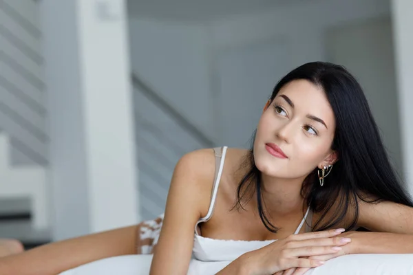 Young Woman Lying Daydreaming Thinking Her Aspirations Lying Relaxing Sofa — Stock Photo, Image