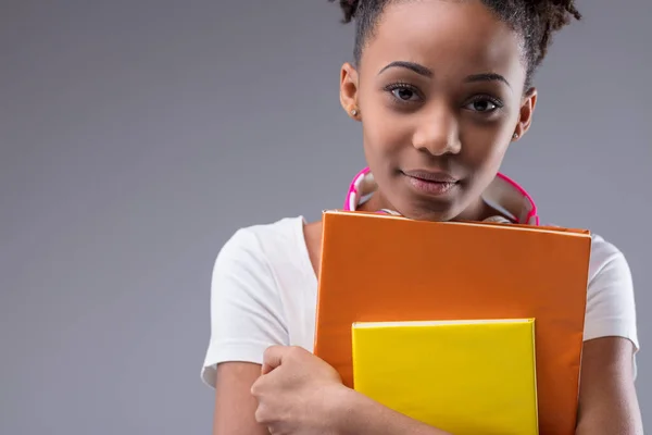 Serious Responsible Young Black Female Student Clutching Her Books She — Stock Photo, Image