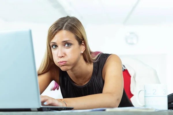 Stressed Overworked Businesswoman Blowing Out Her Cheeks She Sits Desk — Stock Photo, Image