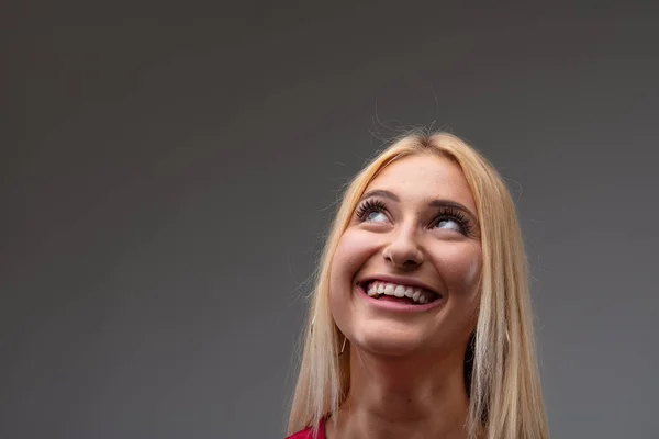 Cute Young Blond Woman Standing Day Dreaming Happy Smile Eyes — Stock Photo, Image