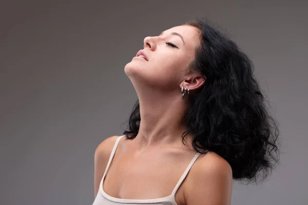 Serene Young Woman Taking Quiet Moment Relax Head Tilted Back — Stock Photo, Image