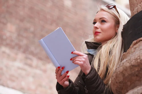 Young Woman Enjoying Book Sitting Deep Thought She Stares Top — 스톡 사진