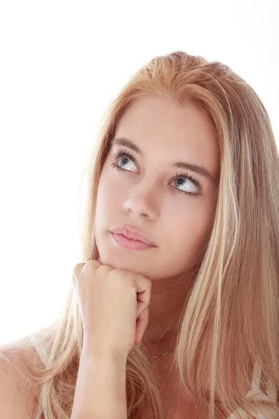 Skin White Background Portrait Long Haired Blonde Girl Thinking Future — Zdjęcie stockowe