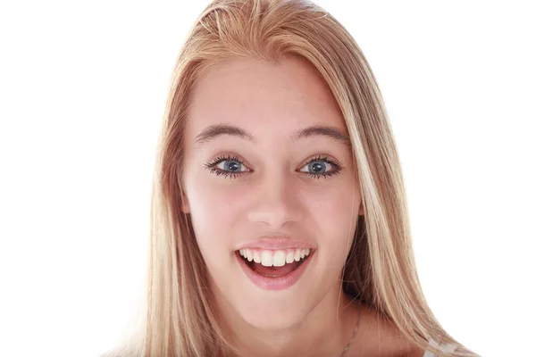 Улыбающийся Портрет Красивого Сюрприза Белокурой Блондинки Открытый Рот Идеальные Зубы — стоковое фото