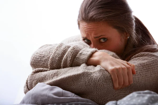 Troubled Sick Young Woman Hiding Her Face Her Arm Looking — Stock Photo, Image