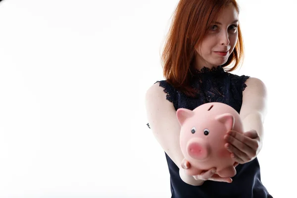 Young Woman Holding Piggy Bank Extended Camera Smile Satisfaction Savings — Stock Photo, Image