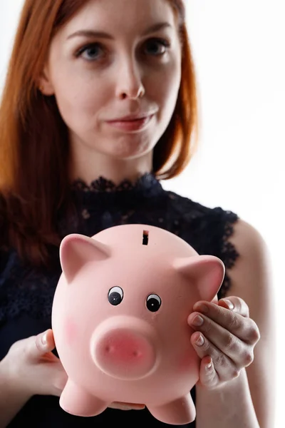 Troubled Serious Young Woman Holding Pink Piggy Bank Camera Focus — Stock Photo, Image