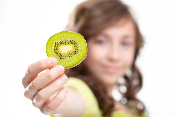 Young Girl Holding Slice Fresh Kiwi Fruit Display Camera Focus — Stock Photo, Image