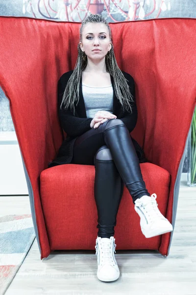 Vaguely Evil Looking Girl Waits Slightly Creepy Red Armchair — Stock Photo, Image