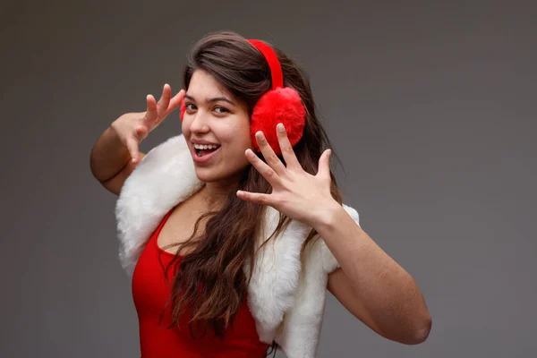 Happy Vivacious Young Woman Celebrating Holiday Season Colorful Festive Red — Stock Photo, Image