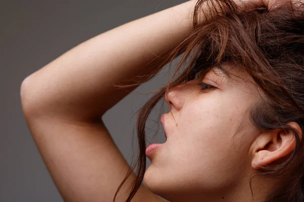 Sensual Cropped Portrait Provocative Young Woman Posing Mouth Open Hand — Stock Photo, Image