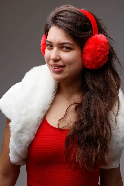 Attractive Young Woman Wearing Colorful Red Ear Muffs Top Elegant — Stock Photo, Image