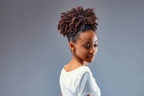 Sensual Beautiful Young Black Woman Downcast Eyes Curly Hair Posing — Stock Photo, Image