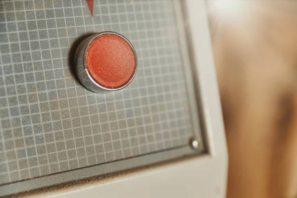 Close Red Power Control Button Machinery Woodworking Carpentry Workshop Copyspace — Stock Photo, Image