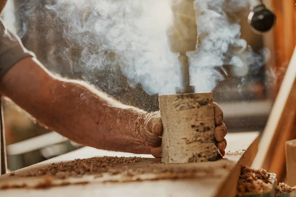 Carpenter Creating Cloud Smoke Drilling Wood High Speed Drill Woodworking — Stock Photo, Image