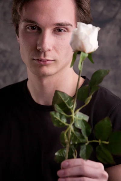 Young fascinating man with a white rose — Stock Photo, Image