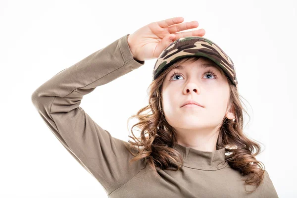 At-TENTION! position by little soldier girl — Stock Photo, Image