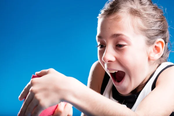 Little girl with surprised by gift box — Stock Photo, Image