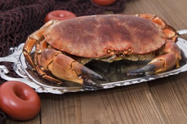 Masanın üzerinde bir tepside Yengeç