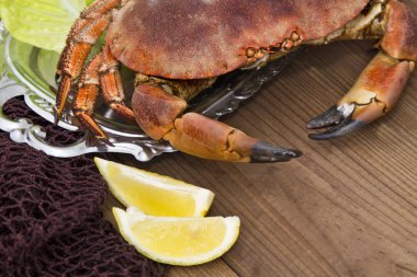 Masanın üzerinde bir tepside Yengeç