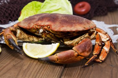 Masanın üzerinde bir tepside Yengeç