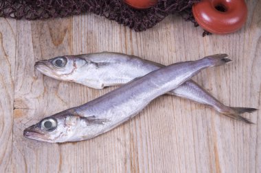 Ahşap arka plan üzerinde mezgit ve Balık ağı