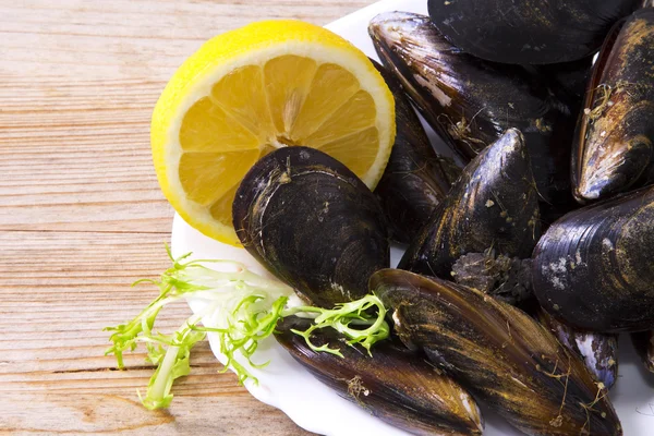 Mariscos, mejillones sobre fondo de madera —  Fotos de Stock