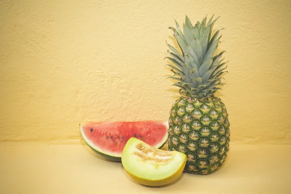 Summer fruit: pineapple, melon, watermelon, — Stock Photo, Image