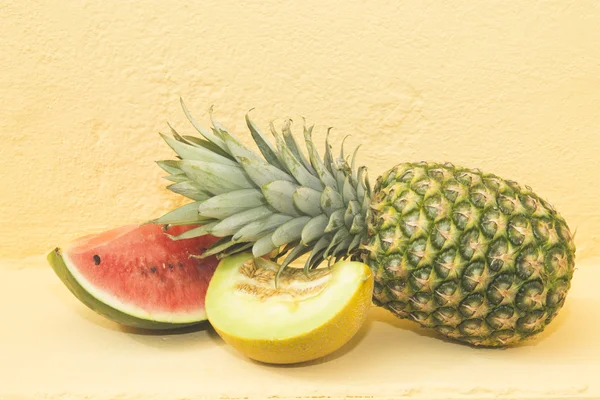 Summer fruit: pineapple, melon, watermelon, — Stock Photo, Image