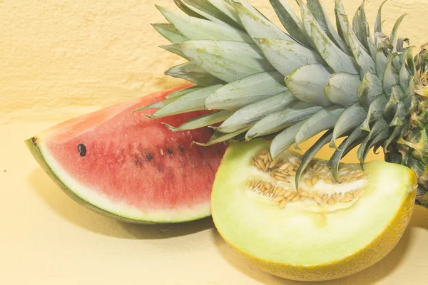 Summer fruit: pineapple, melon, watermelon, — Stock Photo, Image