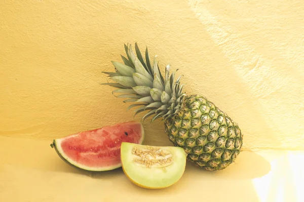 Summer fruit: pineapple, melon, watermelon, — Stock Photo, Image